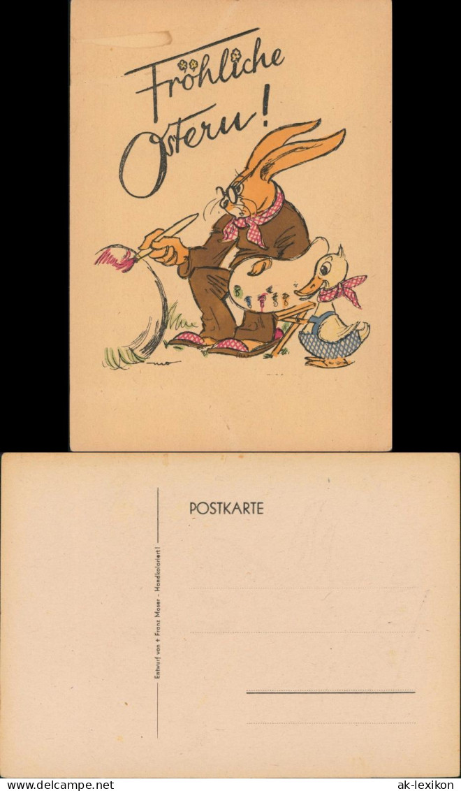 Ansichtskarte  Osterhase Mal Eier Ente Handkoloriert 1955 - Ostern
