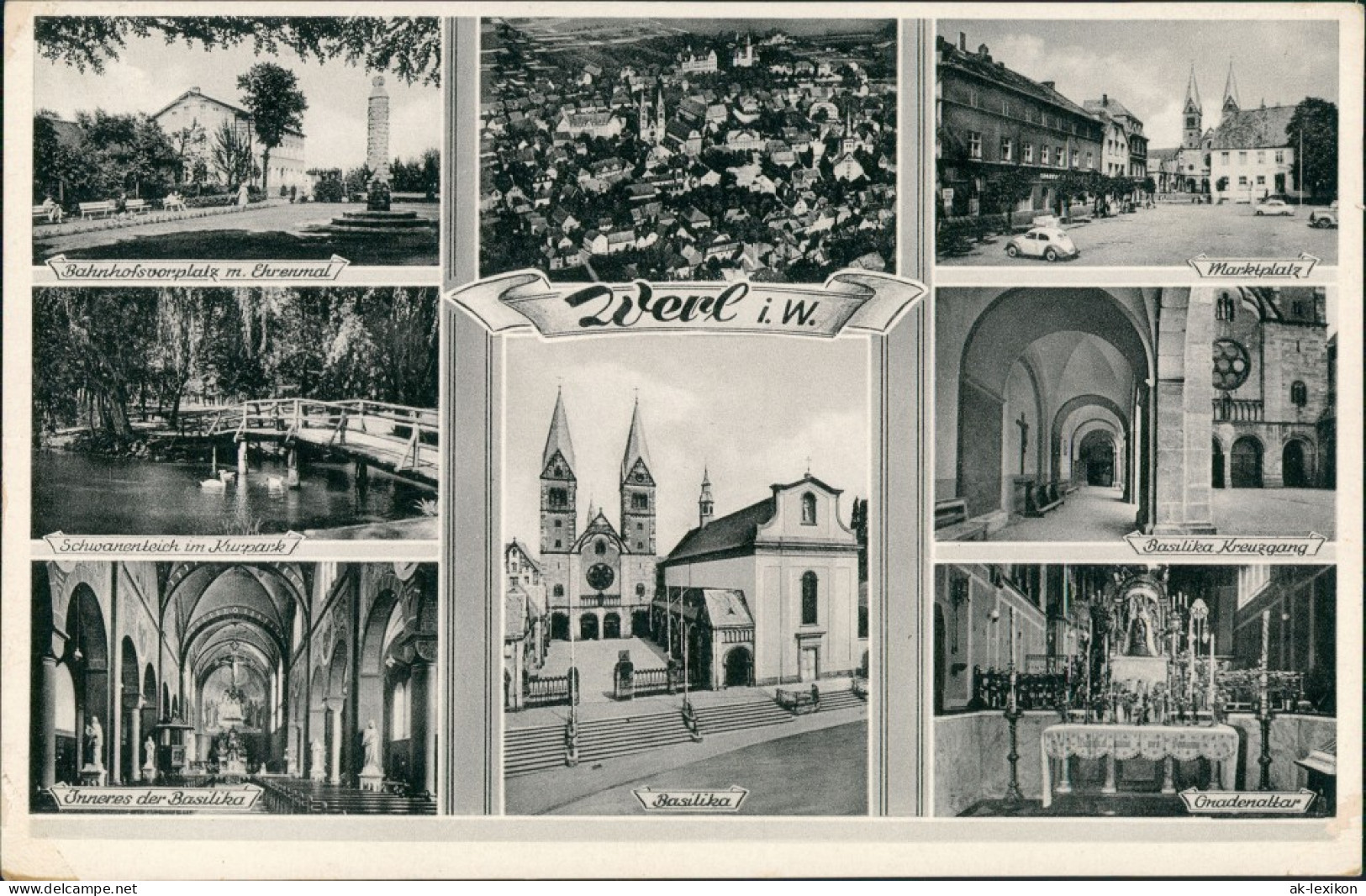 Ansichtskarte Werl (Westfalen) Bahnhof, Markt, Kurpark 1955 - Werl