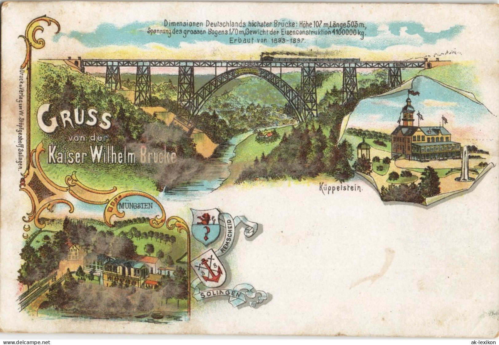 Litho AK Remscheid  Gruss V.d. Müngsten Kaiser-Wilhelm-Brücke  Eisenbahn 1900 - Remscheid