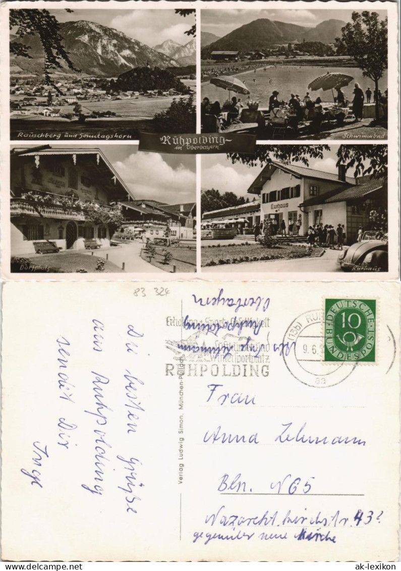 Ansichtskarte Ruhpolding 4 Bild: Stadt, Schwimmbad, Kurhaus VW Käfer 1953 - Ruhpolding