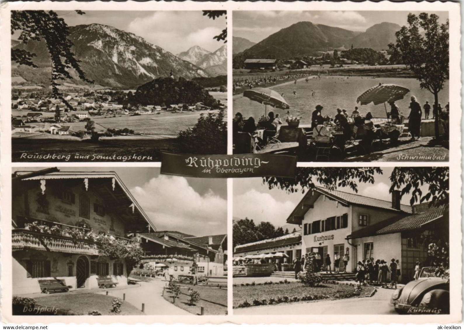 Ansichtskarte Ruhpolding 4 Bild: Stadt, Schwimmbad, Kurhaus VW Käfer 1953 - Ruhpolding