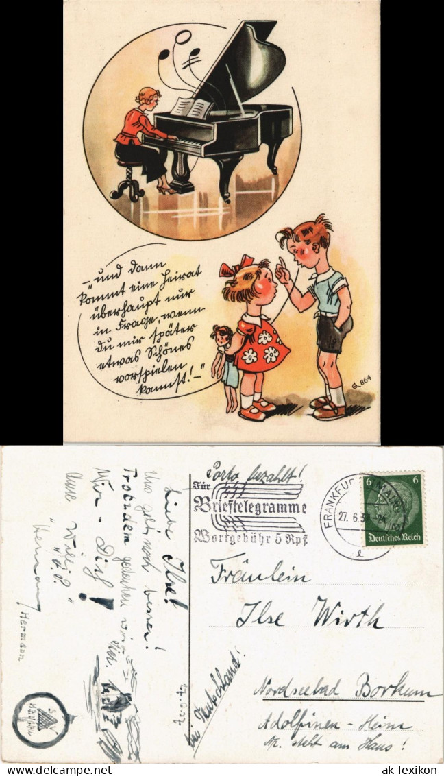 Frau Am Flügel, Junge Spricht Mit Mädchen - Künstlerkarte 1937 - 1900-1949