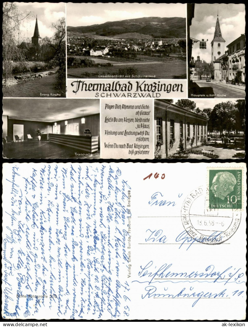 Ansichtskarte Bad Krozingen Trinkhalle, Kirche, Hauptstraße 1958 - Bad Krozingen