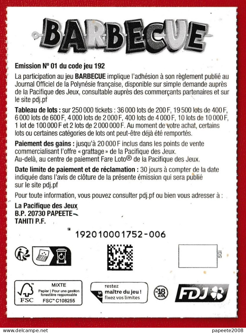 Polynésie Française / Tahiti - Pacifique Des Jeux - " Barbecue " 1 Ticket - Luxe - Lottery Tickets