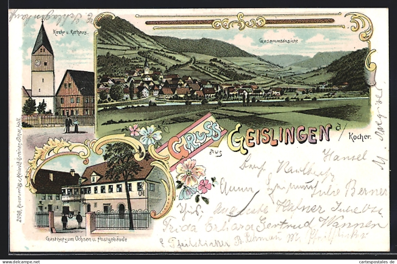 Lithographie Geislingen / Kocher, Gasthof Zum Ochsen, Kirche, Rathaus, Postgebäude, Gesamtansicht  - Geislingen