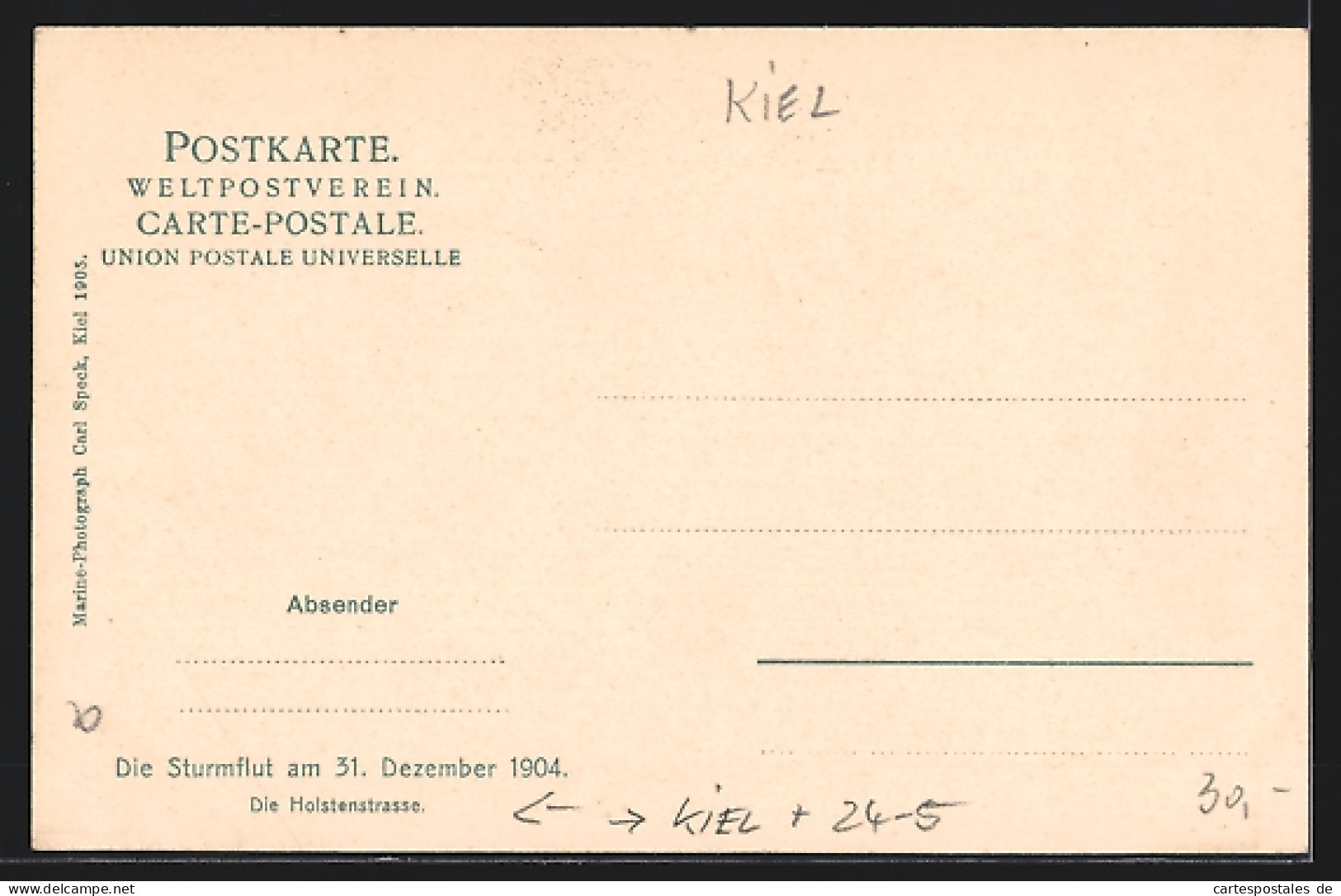AK Kiel, Holstenstrasse, Sturmflut Am 31. Dezember 1904  - Floods