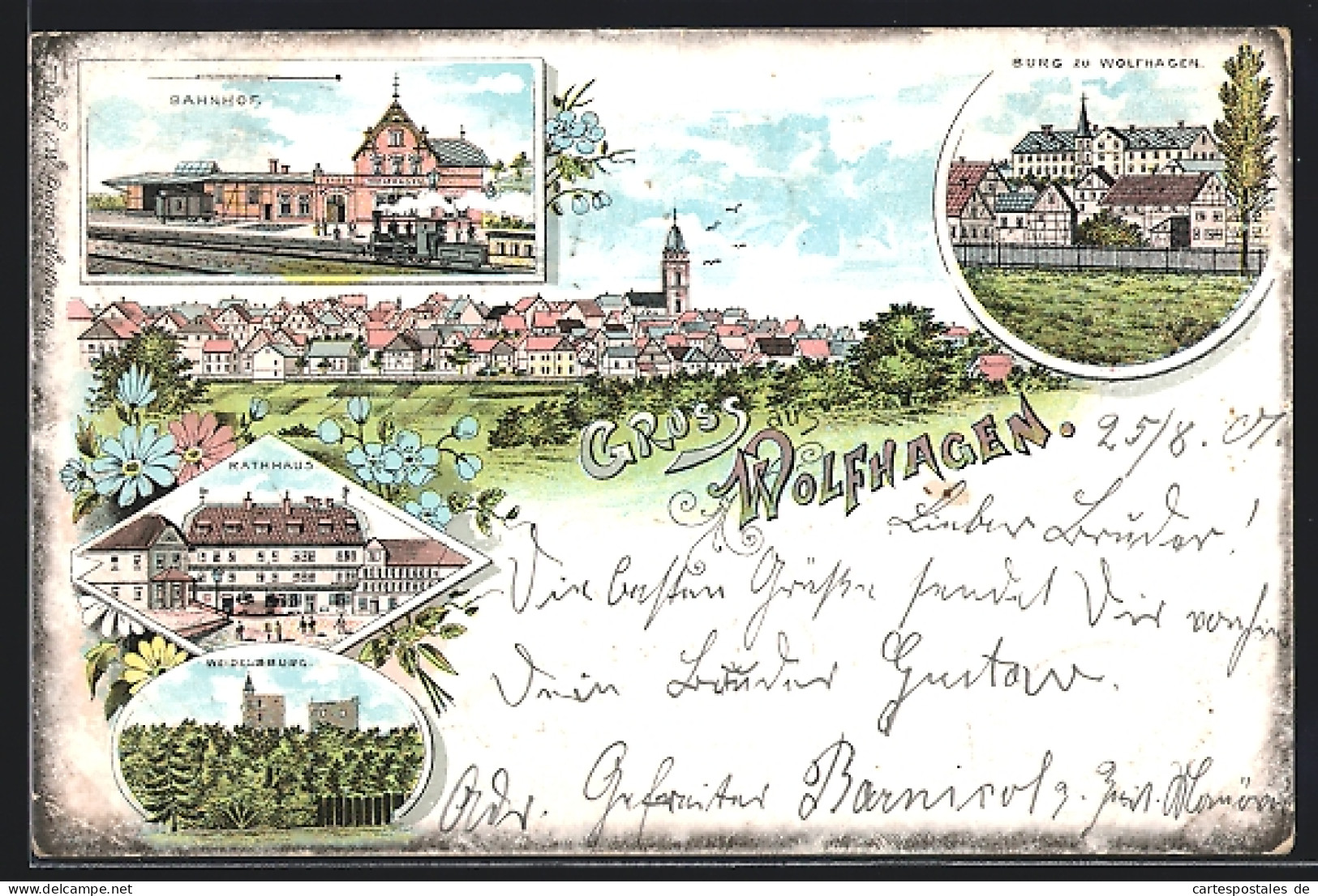 Lithographie Wolfhagen, Bahnhof, Burg Zu Wolfhagen, Rathaus  - Wolfhagen