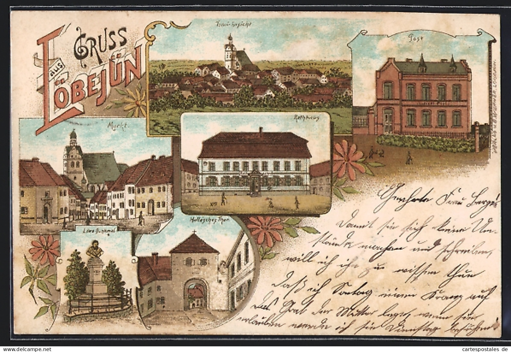 Lithographie Löbejün, Markt, Rathaus, Post, Hallesches Thor  - Autres & Non Classés