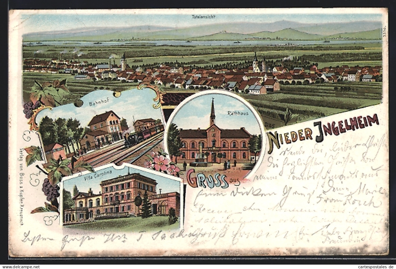 Lithographie Nieder Ingelheim, Bahnhof, Villa Carolina, Rathaus, Panorama  - Ingelheim