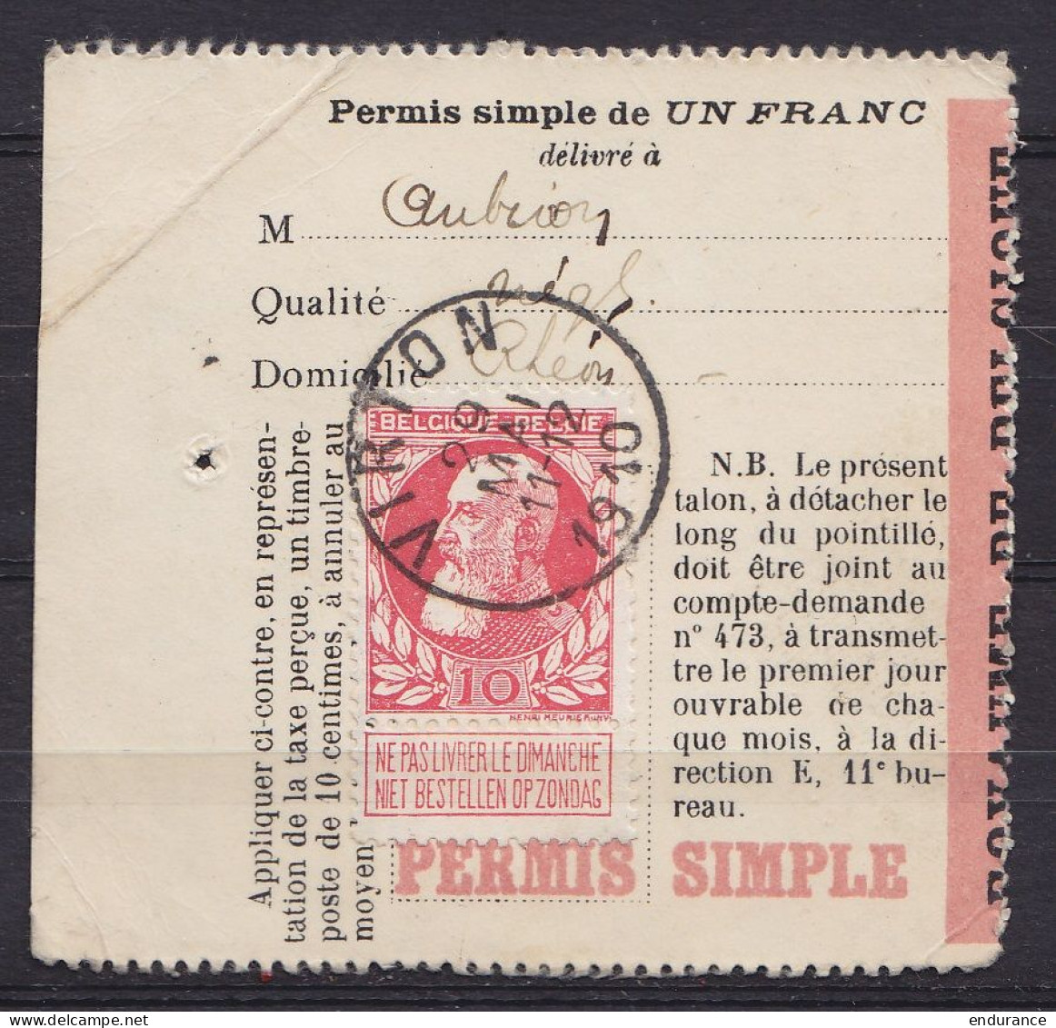 Permis De Pêche Simple "à Un Franc" Affr. N°74 Càd VIRTON /29 MAI 1910 - 1905 Grosse Barbe