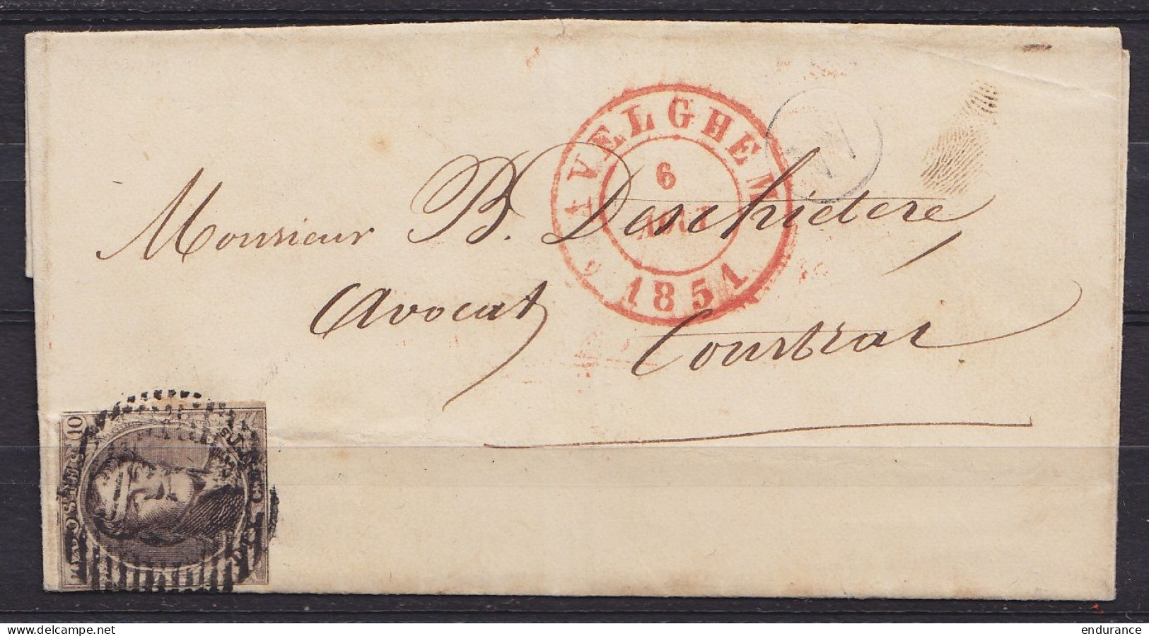 LSC (sans Texte) Affr. N°6 Càd (?) AVELGHEM /9 AOUT 1851 Pour Avocat à COURTRAI - Boîte "W" (au Dos: Càd COURTRAI) - 1851-1857 Medaillons (6/8)