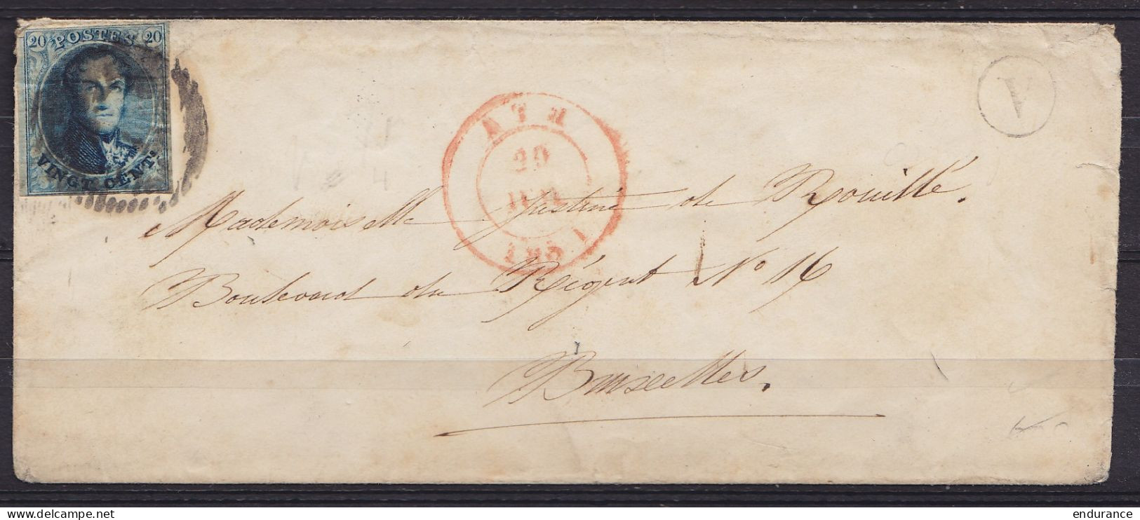 LSC (sans Contenu) Affr. N°4 P7 Càd ATH /29 JUIN 1851 Pour BRUXELLES - Boîte "V" (Ormeignies) (au Dos: Càd BRUXELLES) - 1849-1850 Medaglioni (3/5)