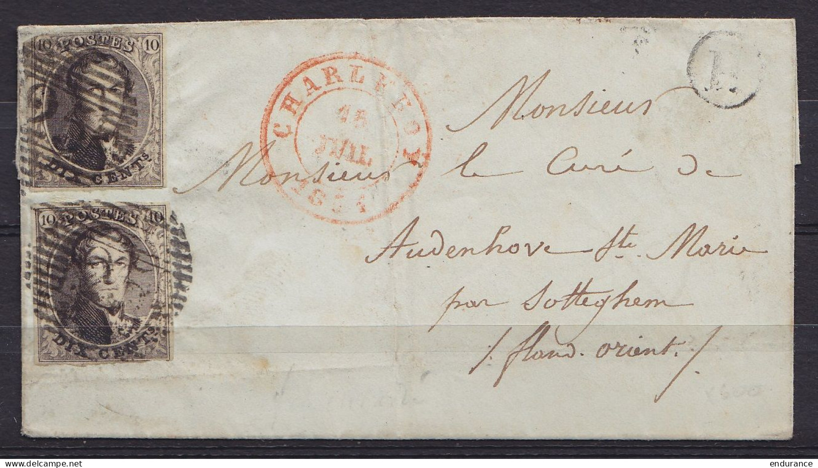 LSC (sans Texte) Affr. N°3 X2 P25 Càd CHARLEROY /15 JUIL 1851 Pour Curé De Audenhove-Sainte-Marie Par SOTTEGHEM (Zottege - 1849-1850 Medallones (3/5)