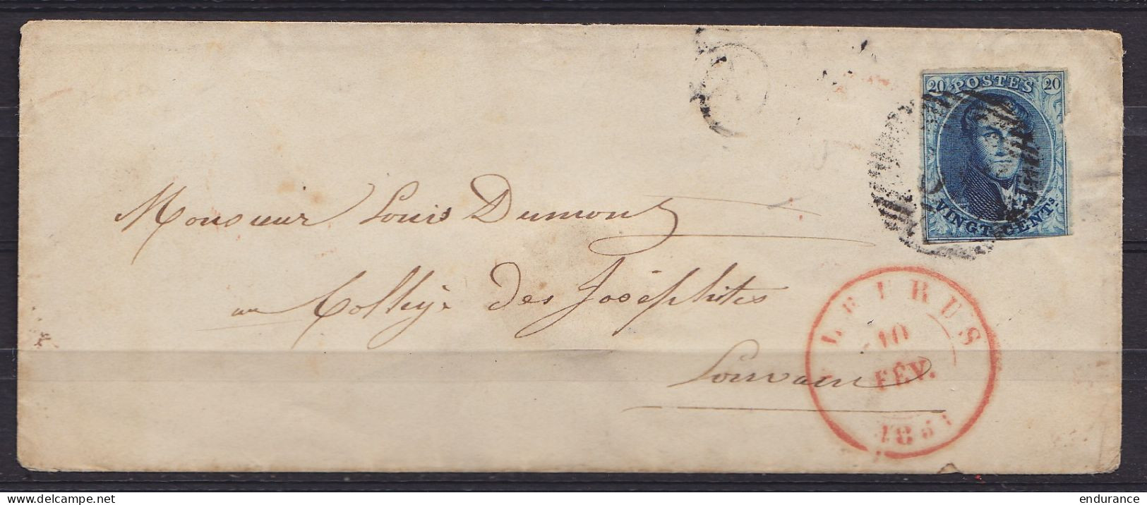LSC (sans Texte) Affr. N°6 (?) P39 Càd FLEURUS /10 FEV 1851 Pour LOUVAIN - Boîte "A" (Chassart) (au Dos: Càd LOUVAIN) - 1851-1857 Médaillons (6/8)