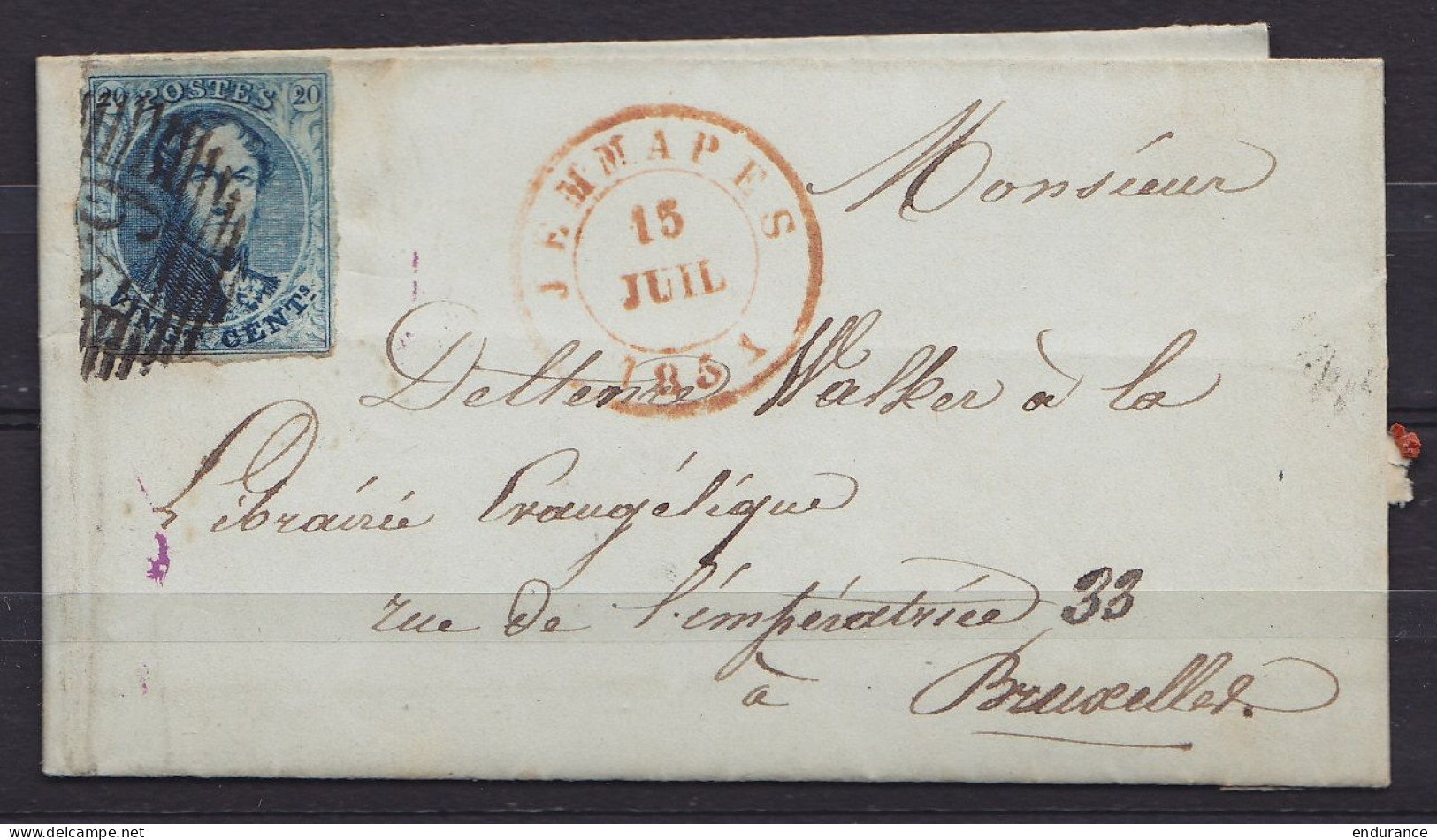 L. De Pâturages Affr. N°7 P65 Càd JEMMAPES /15 JUIL 1851 Pour Libraire à BRUXELLES (au Dos: Càd BRUXELLES) - 1851-1857 Medallones (6/8)