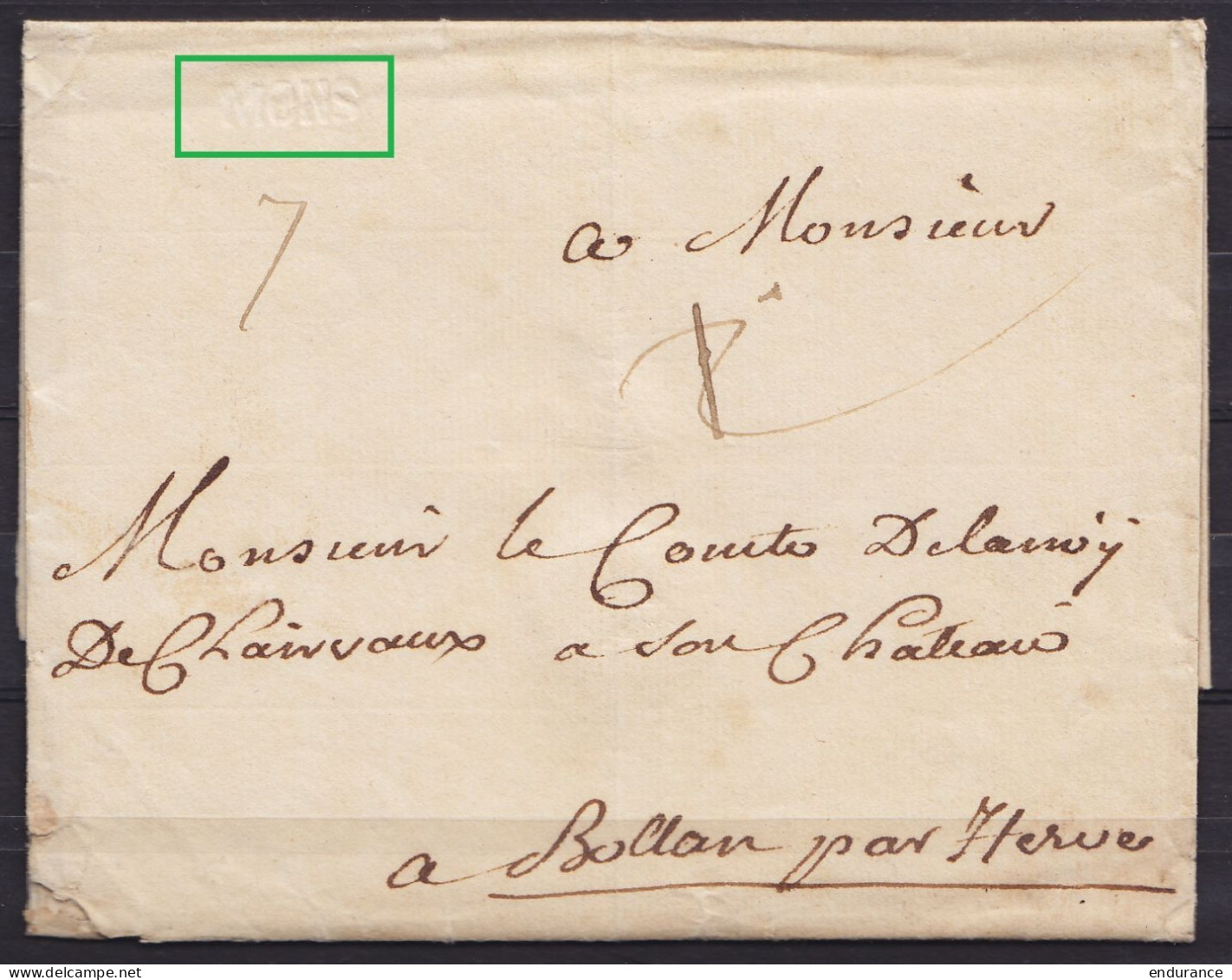 LSC (sans Texte) De Mons (?) Pour Comte Delanoy De Clainvaux En Son Château à BOLLAND Par Herve - Marque En Creux "MONS" - 1714-1794 (Paesi Bassi Austriaci)