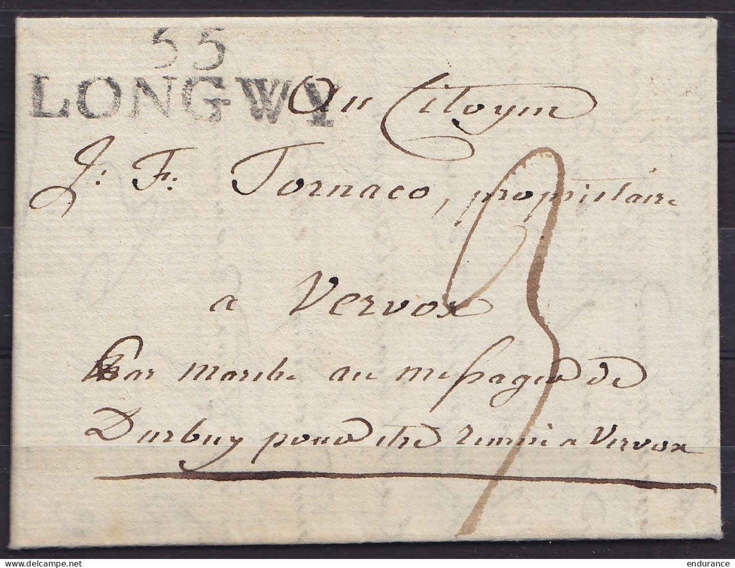 L Datée 21 Ventôse An 9 / 12 Mars 1801 De LONGWY Pour VERVOX - Griffe "55/ LONGWY" - Man "Par Marche Au Messager De Durb - 1794-1814 (French Period)