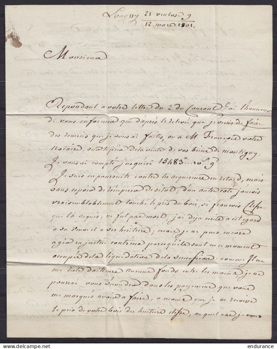 L Datée 21 Ventôse An 9 / 12 Mars 1801 De LONGWY Pour VERVOX - Griffe "55/ LONGWY" - Man "Par Marche Au Messager De Durb - 1794-1814 (French Period)