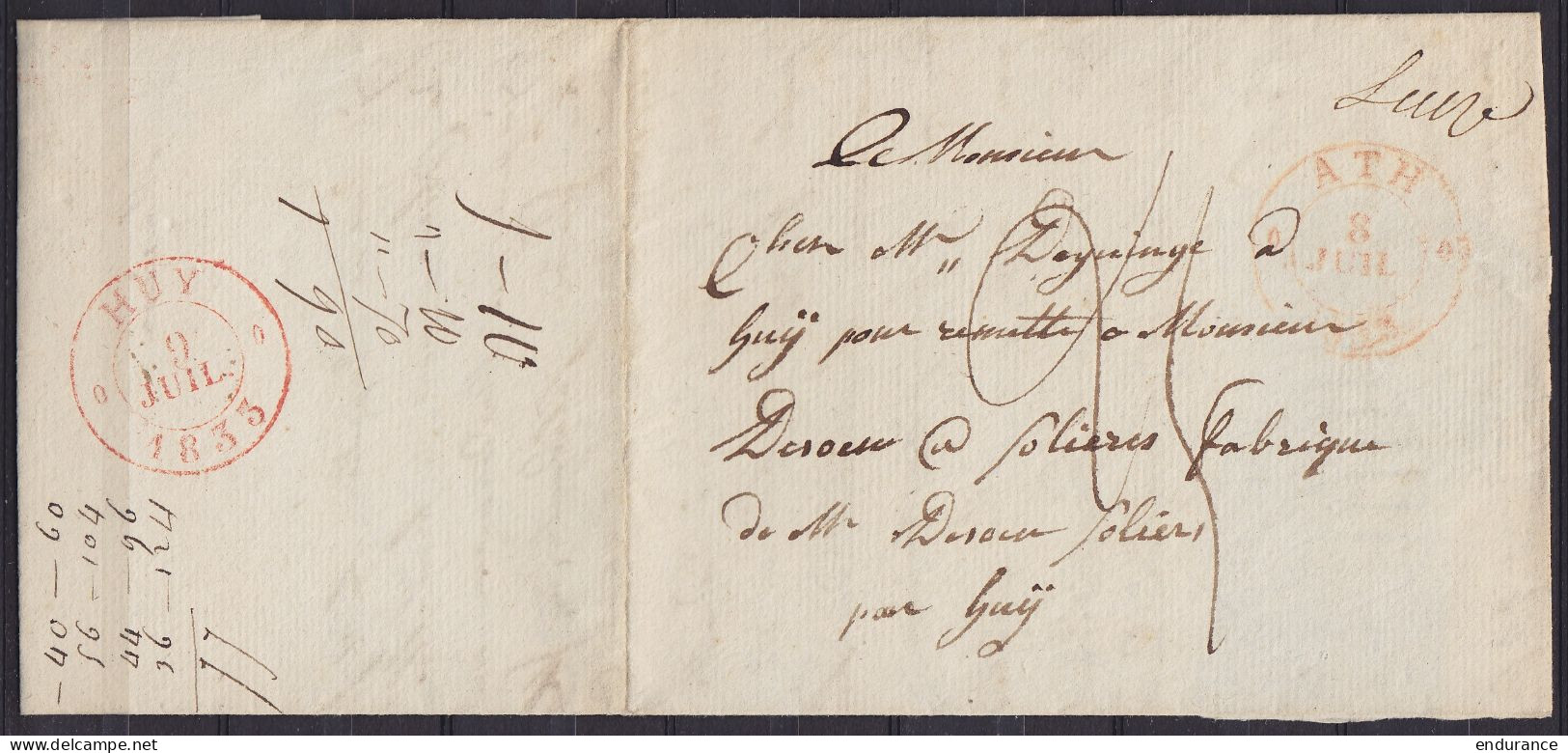 L. Datée 8 Juillet 1833 De PERUWELZ Càd T13 ATH /8 JUIL 1833 Pour HUY - Man. "Leuze" (distribution De Ath) - Port "25" ( - 1830-1849 (Belgique Indépendante)