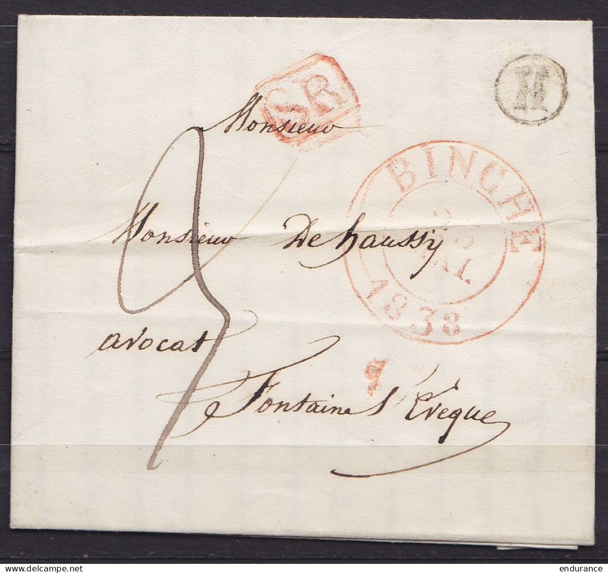 L. Datée 25 Mai 1838 De HAINE-ST-PIERRE Càd BINCHE /25 MAI 1838 Pour FONTAINE L'EVEQUE - Boîte "H" - [SR] Port "3" - 1830-1849 (Independent Belgium)