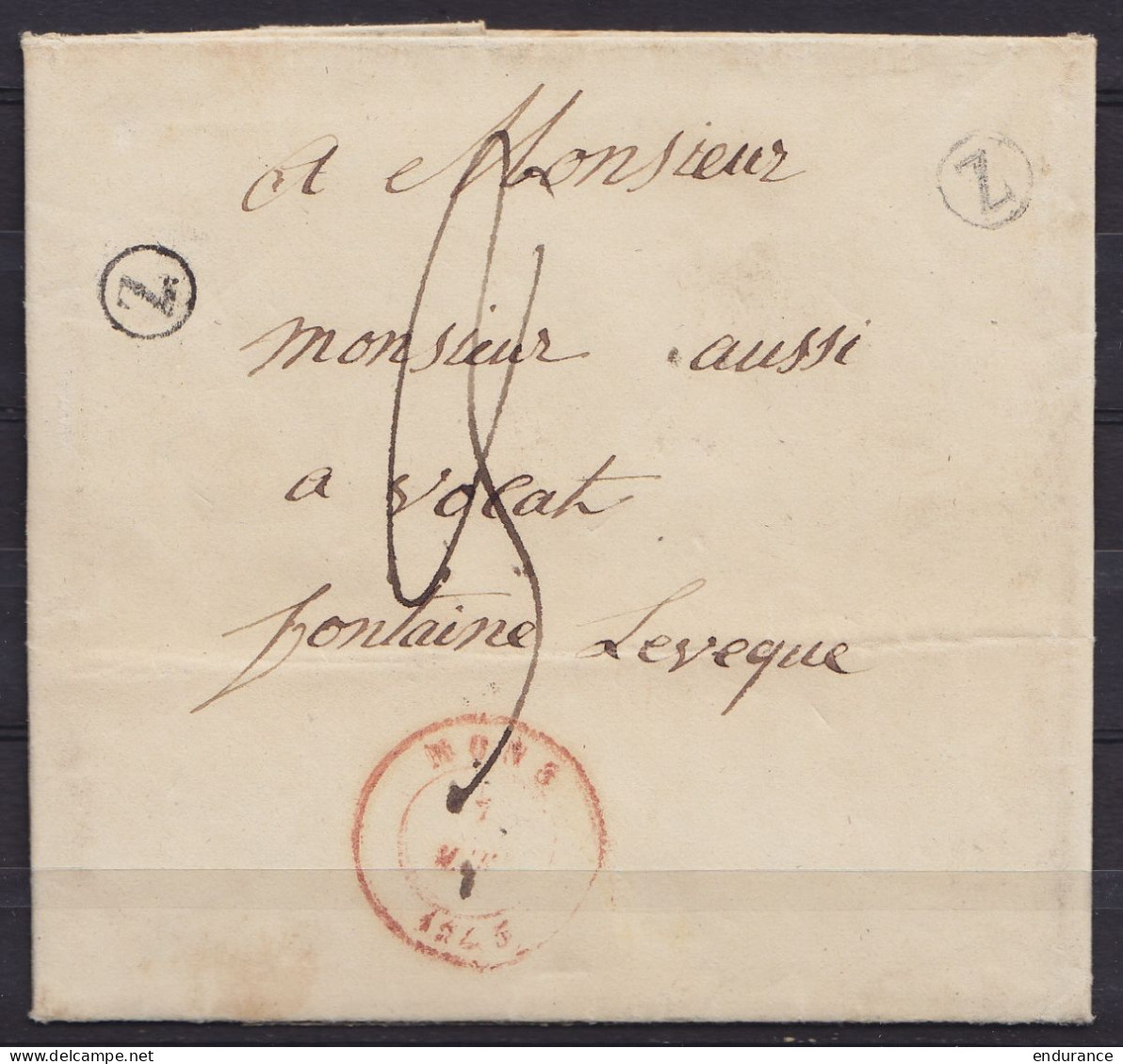 L. Datée 7 Mars 1845 De FRAMERIES Càd MONS /7 MARS 1845 Pour FONTAINE L'EVEQUE - Double Marque Boîte "Z" - 1830-1849 (Unabhängiges Belgien)