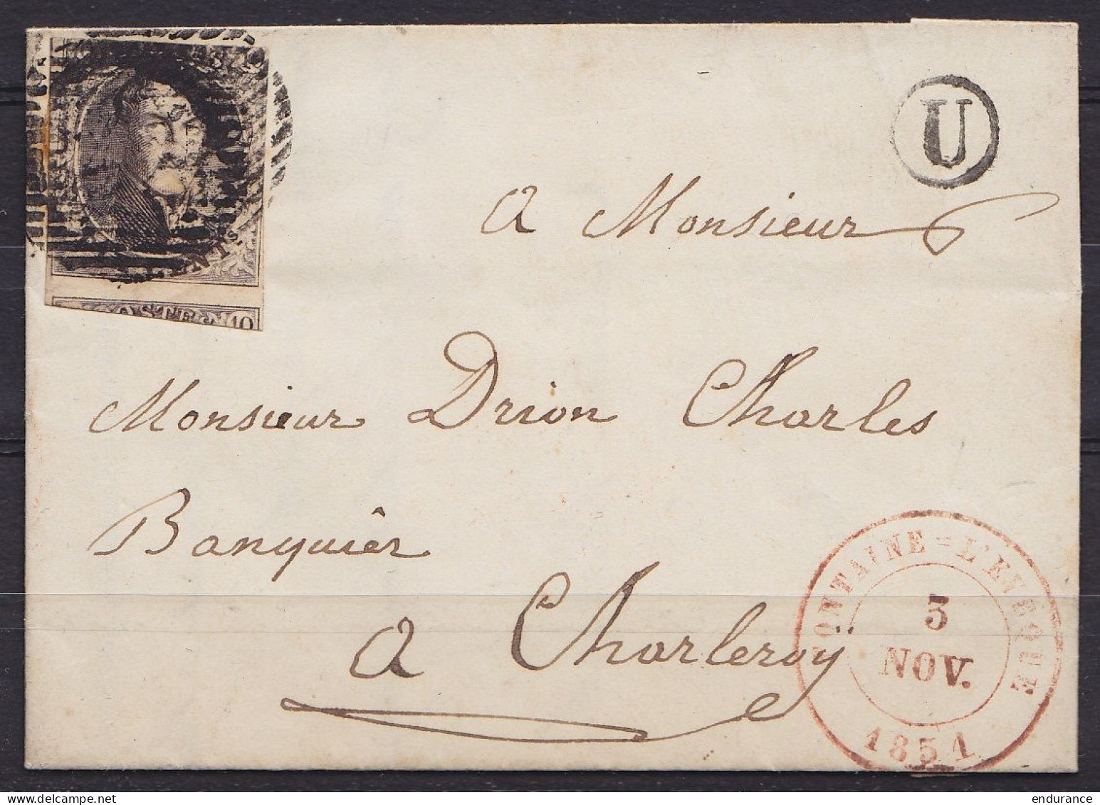 L. De SOUVRET Affr. N°6 Càd FONTAINE L'EVEQUE /3 NOV 1851 Pour Banquier à CHARLEROI - Boîte "U" (au Dos: Càd Arrivée CHA - 1851-1857 Medaillons (6/8)