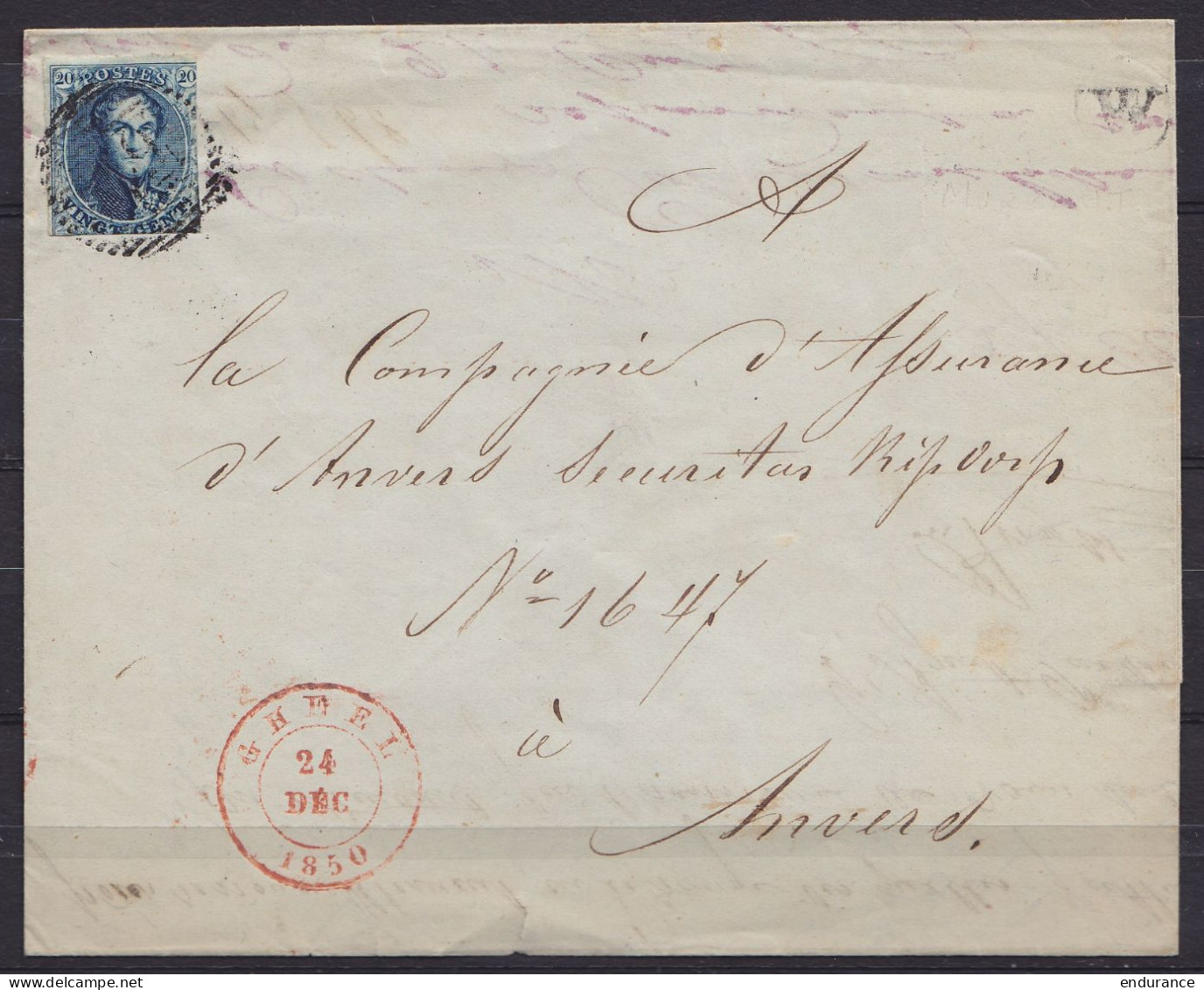 L. De Murzaut (?) Affr. N°4 Càd GHEEL /24 DEC 1850 Pour ANVERS - Boîte Rurale "W" (au Dos: Càd ANVERS) - 1849-1850 Medallions (3/5)