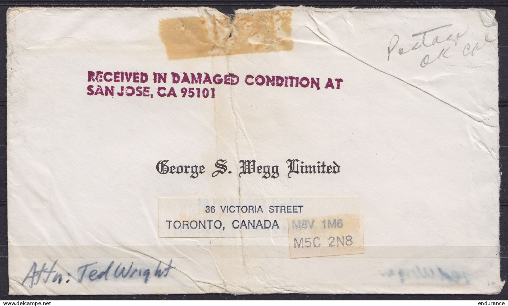 USA - L. Accidentée Pour TORONTO - Griffe "RECEIVED IN DAMAGED CONDITION AT / SAN JOSE CA95101" - Poststempel