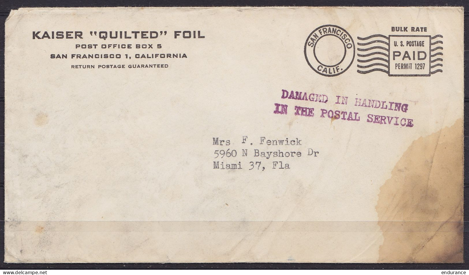 USA - L. Accidentée SAN FRANSISCO Pour MIAMI - Griffe "DAMAGED IN HANDLING / IN THE POSTAL SERVICE" - Poststempel