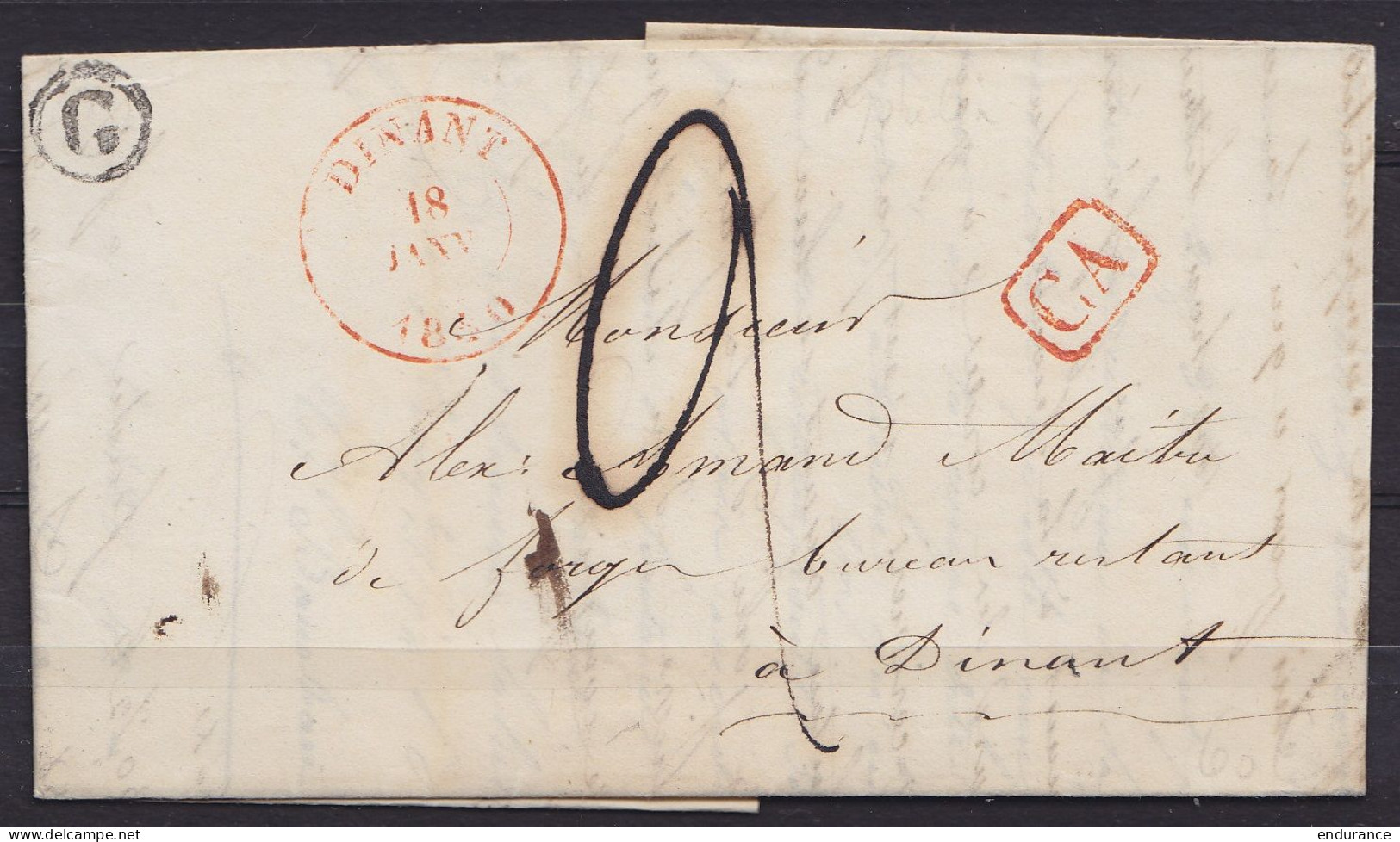 L. Datée 13 Janvier 1840 De Moulins Càd DINANT /18 JANV 1840 Pour Maître Des Forges De Bouvignes En Poste Restante à DIN - 1830-1849 (Belgica Independiente)