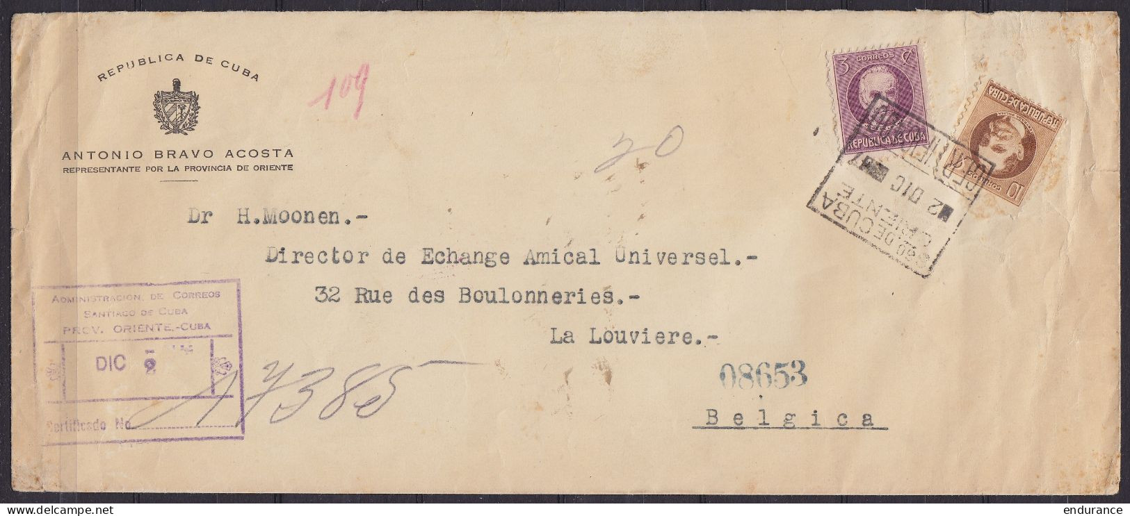 Cuba - L. Entête "Provincia De Oriente" Recommandée Affr. 13c Càd [SANTIAGO De CUBA /2 DIC 1907 ?] Pour LA LOUVIERE - Autres & Non Classés