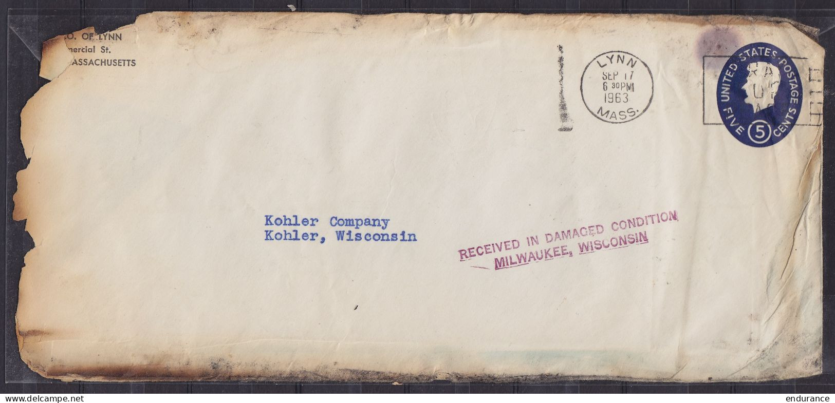 USA - L. Accidentée EP 5c Càd LYNN /SEP 17 1963/ MASS. Pour KOHLER - Griffe "RECEIVED IN DAMAGED CONDITION / MILWAUKEE W - Poststempel