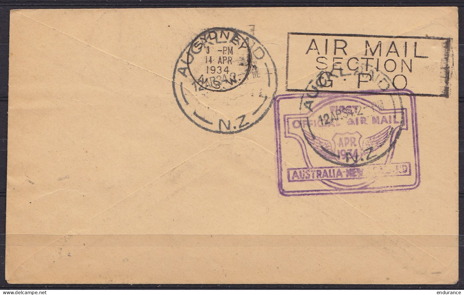 Australie "First Official Air Mail … Australia To New Zealand" Affr. 7d Càd SYDNEY /10 AP 1934 Pour VAUCLUSE (Sydney) Vi - Covers & Documents