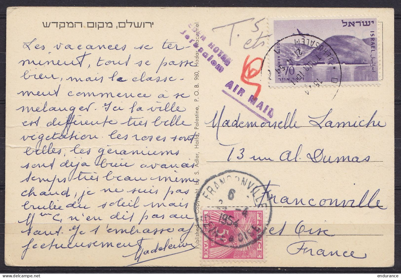 Israel - CP Jerusalem Airmail Càd JERUSALEM /21.4.1954 Pour Et Taxé 5f à FRANCOVILLE (Seine & Oise) - Griffe "EDEN HOTEL - Brieven En Documenten