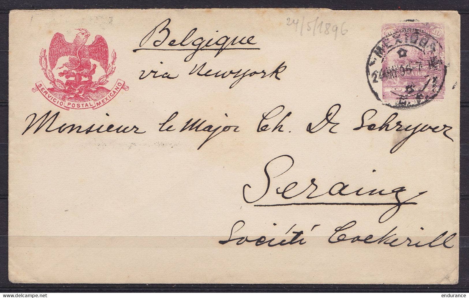 Mexique - EP 10c Càd MEXICO /24 MAY 1896 Pour SERAING Via New York (au Dos: Càd "FOREIGN N.Y." & SERAING) - Messico