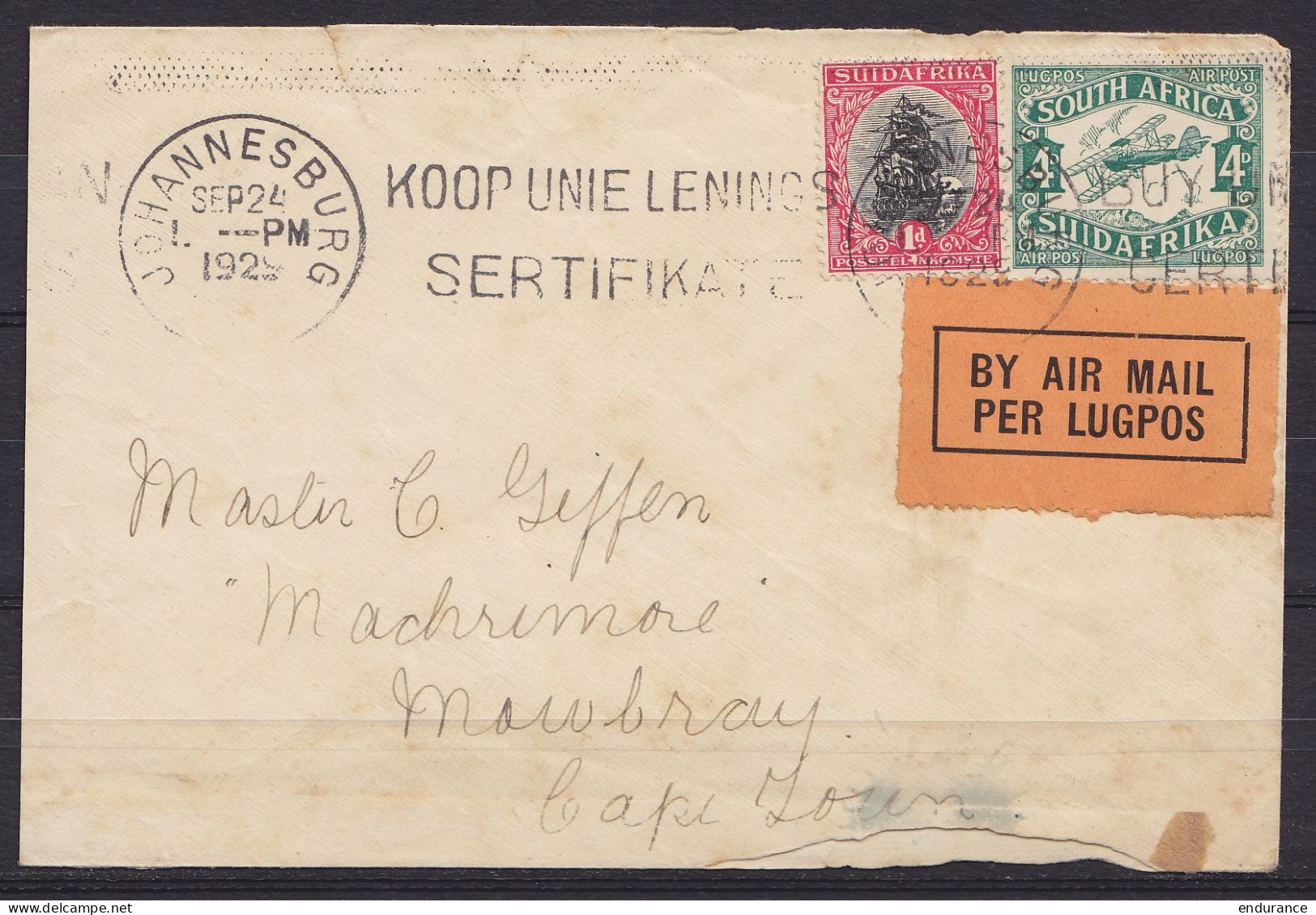 Afrique Du Sud - L. Avion Affr. 5d Flam. "JOHANNESBURG /SEP 24 1928 /Koop Unie Lenings Sertifikate" Pour CAPE TOWN - éti - Poste Aérienne