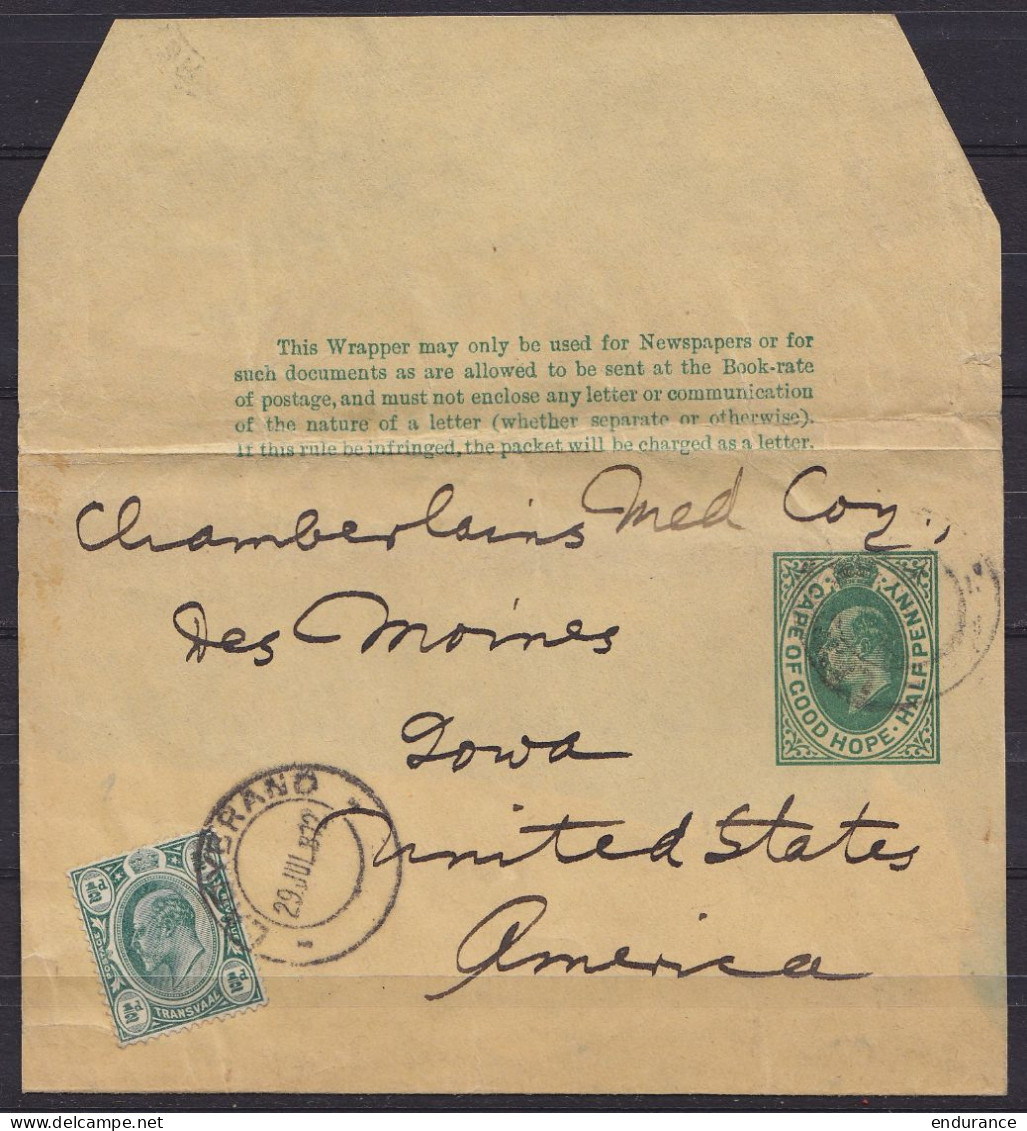 Cap De Bonne Espérance - Bande Journal 1/2d + Tp Transvaal 1/2d Càd LADYBRAND /29.JUL.1912 Pour DES MOINES Iowa USA - Cabo De Buena Esperanza (1853-1904)