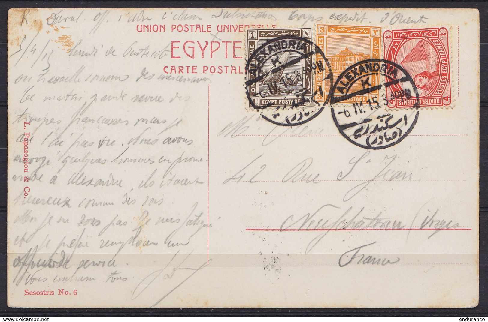 CP Alexandrie - La Gare Du Caire Affr. 8 Mil. Càd ALEXANDRIA /-6.IV.1915 Pour NEUFCHATEAU (Vosges) - 1915-1921 British Protectorate