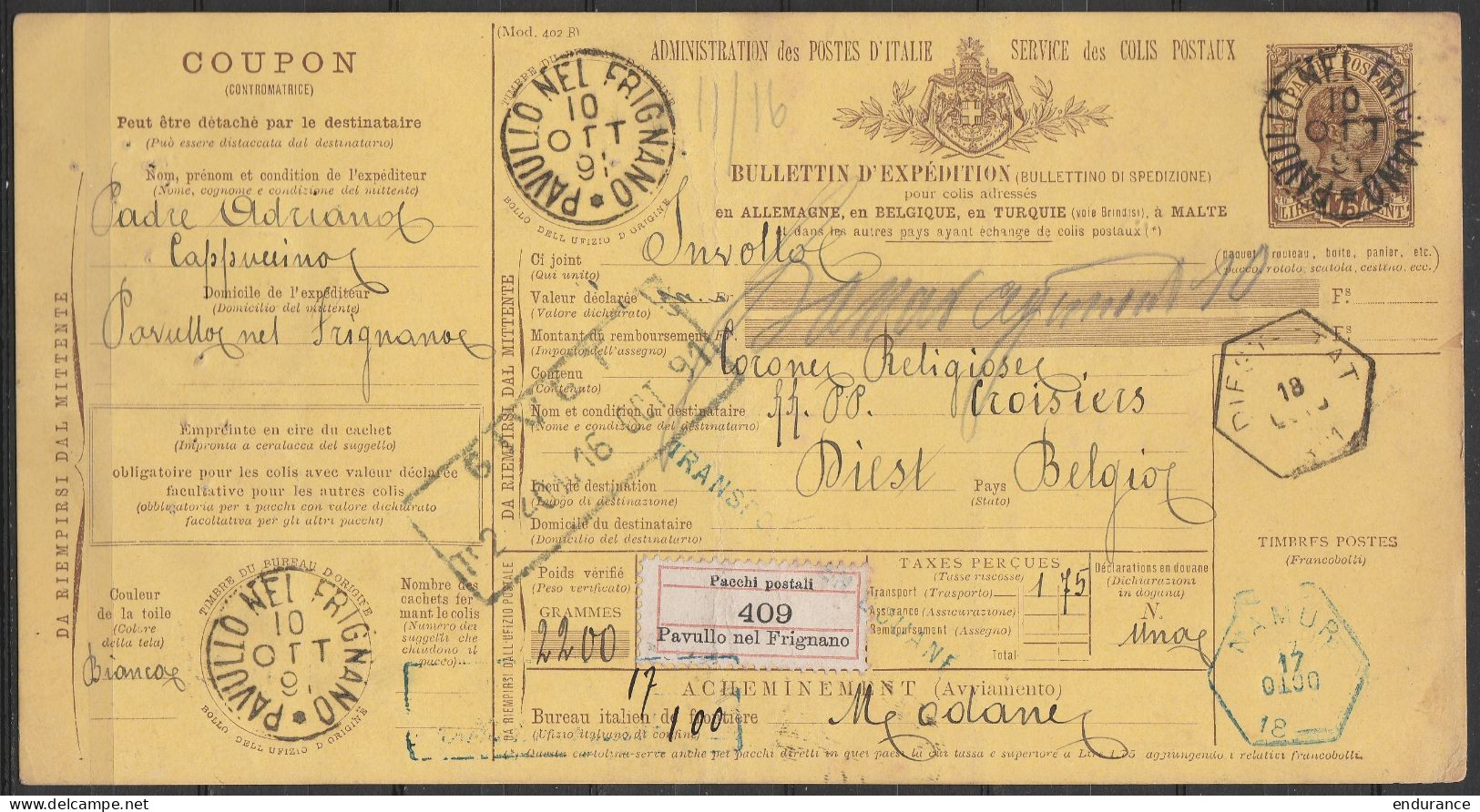 Italie - Bulletin Expédition Colis 'Pacchi Postali 1.75 Lire' Càd PAVULLO NEL FRIGNANO /10 OTT 1891 Pour DIEST - Rare Ca - Paquetes Postales