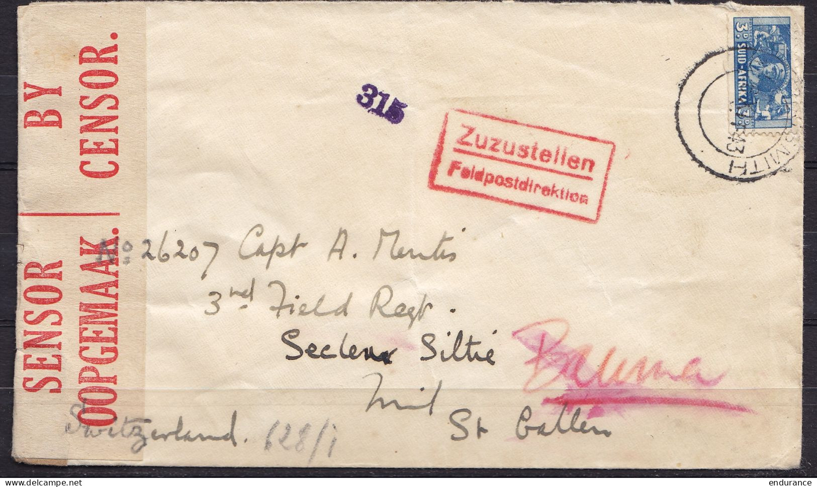Afrique Du Sud - L. Affr. 3d Càd HARRISMITH /? XI 1943 Pour ST GALLENS (Suisse) - Cachet [Zuzustellen / Feldpostdirektio - Lettres & Documents
