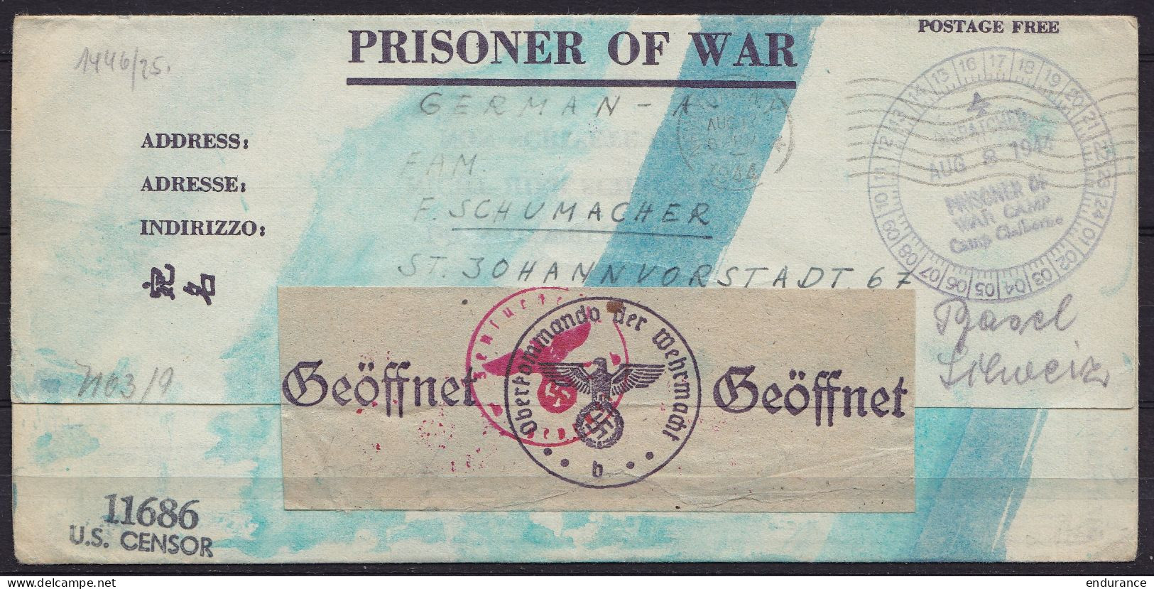 USA - L. De Prisonnier De Guerre Allemand à Camp Claiborne Càd NEW YORK /AUG 17 1944 Pour BASEL (Suisse) - Cachet Et Ban - Poststempel
