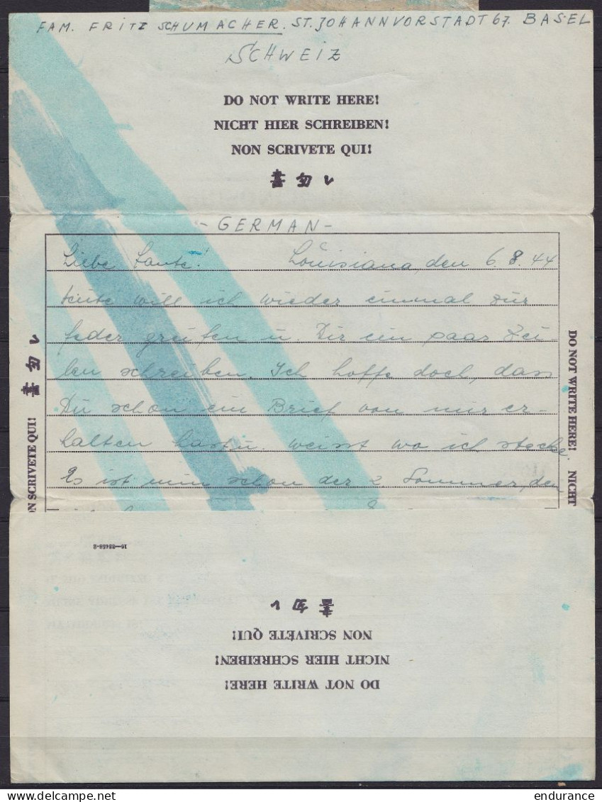 USA - L. De Prisonnier De Guerre Allemand à Camp Claiborne Càd NEW YORK /AUG 17 1944 Pour BASEL (Suisse) - Cachet Et Ban - Storia Postale