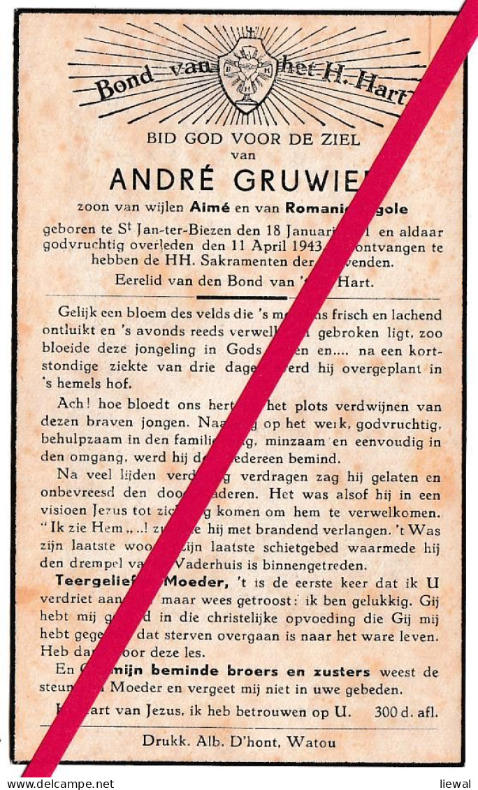 Sint Jan Ter Biezen.  André Gruwier °1923 - †1943. Gruwier Aimé-Romanie Rigole. Poperinge. Watou. - Esquela