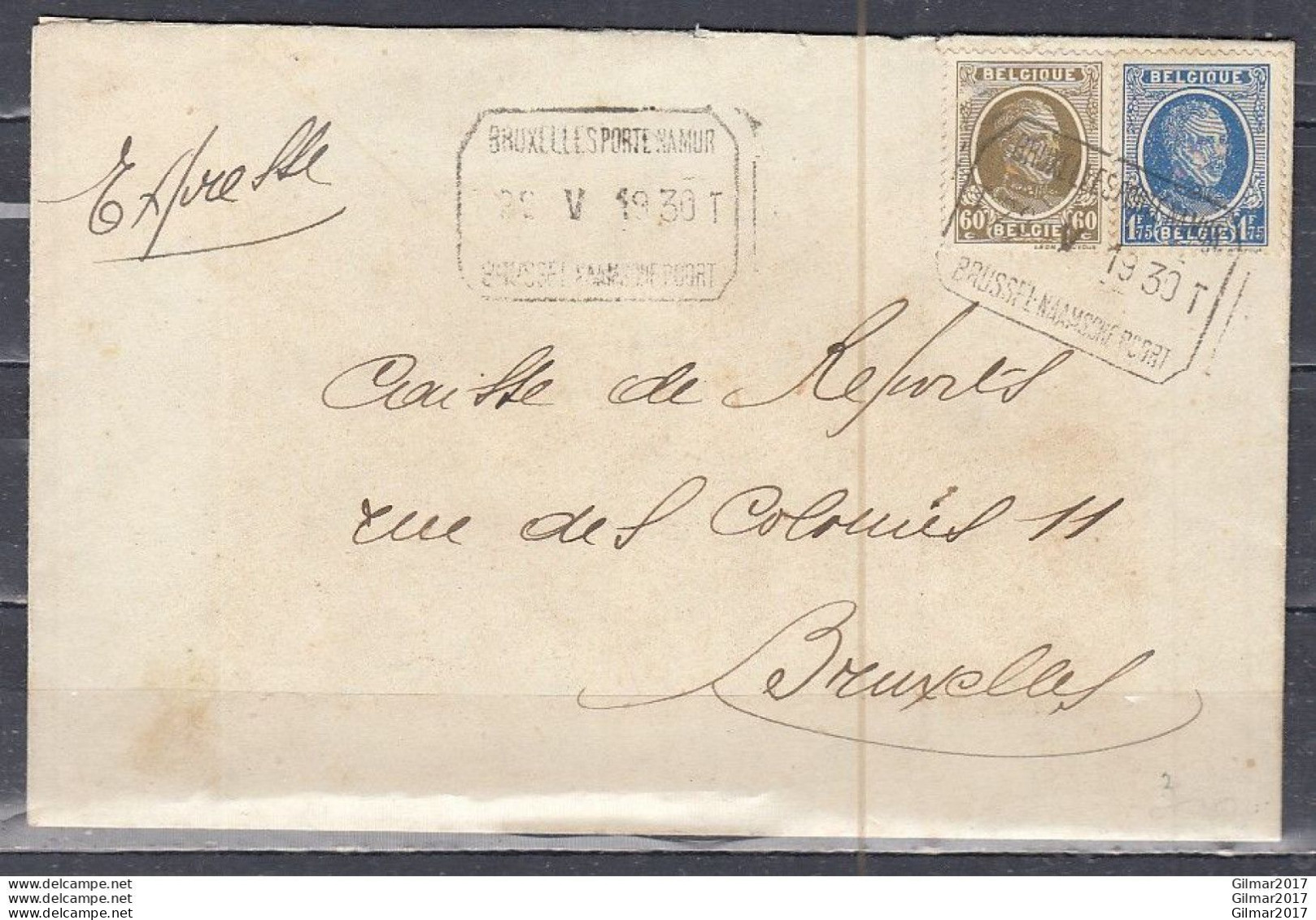 Brief Met Stempel Bruxelles Porte Namur Naar Bruxelles - 1922-1927 Houyoux