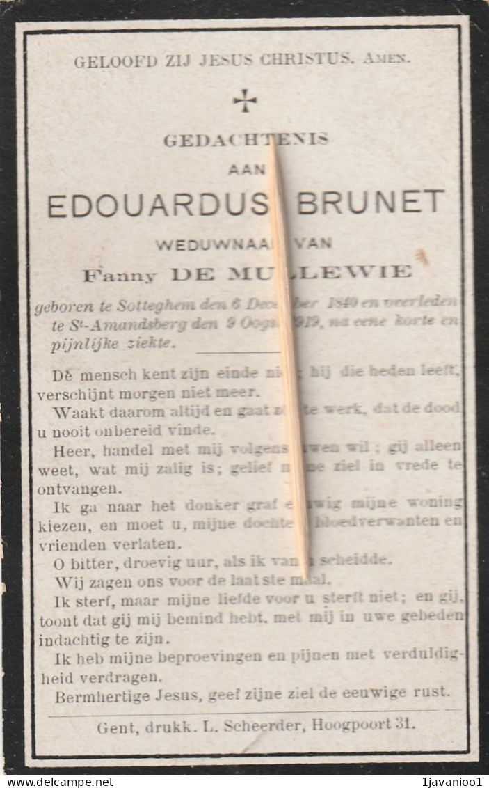 Zottegem, Sotteghem, 1919, Edouardus Brunet, De Mullewie - Images Religieuses