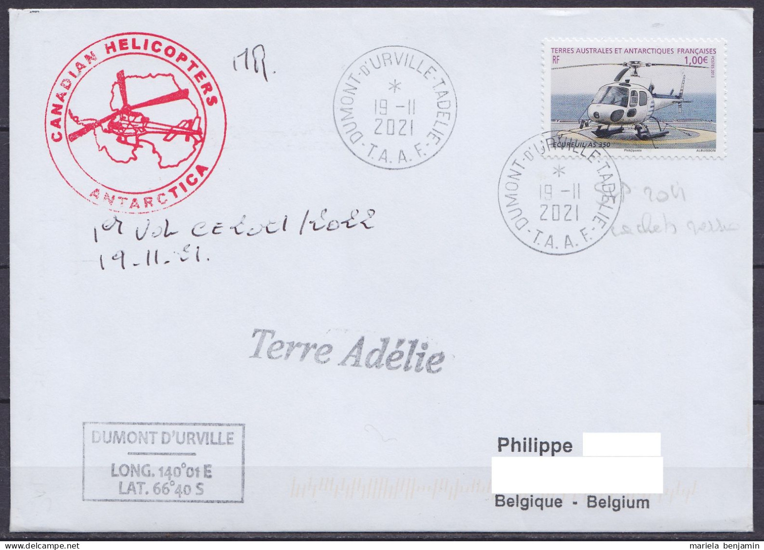 TAAF - Terre Adélie - Cachets Hélicoptères "Canadian Helicopters" & Note Man. Pilote - Flam. Dumont D'Urville 19-11-2021 - Covers & Documents