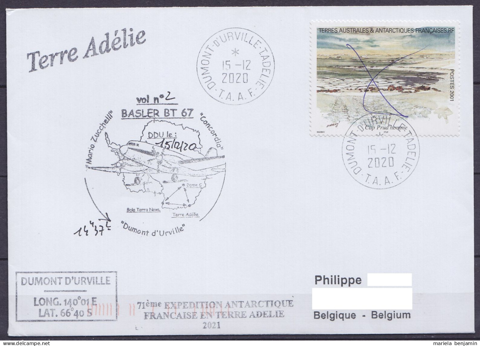 TAAF - Terre Adélie - Vol Avion Basler TA71 - Oblit Dumont D'Urville 15-12-2020 // Tad423 - Brieven En Documenten