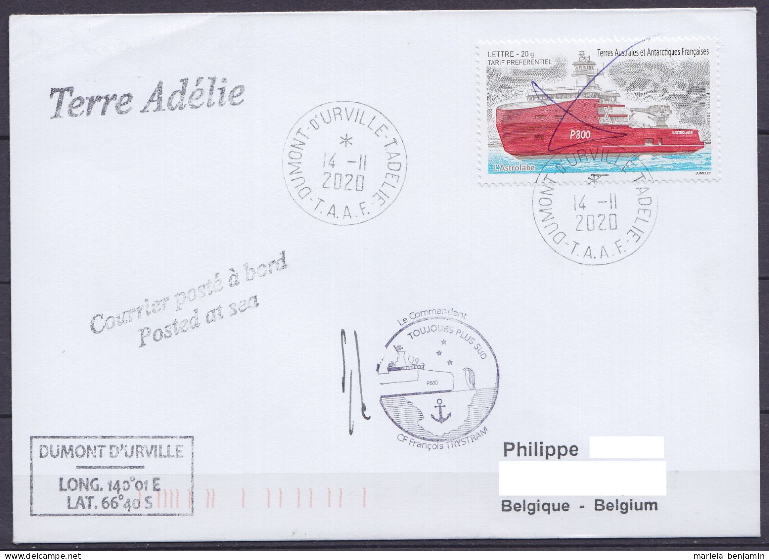 TAAF - Terre Adélie - Cachets Bateau ASTROLABE - Oblit Dumont D'Urville 14-11-2020 // Tad421 - Brieven En Documenten