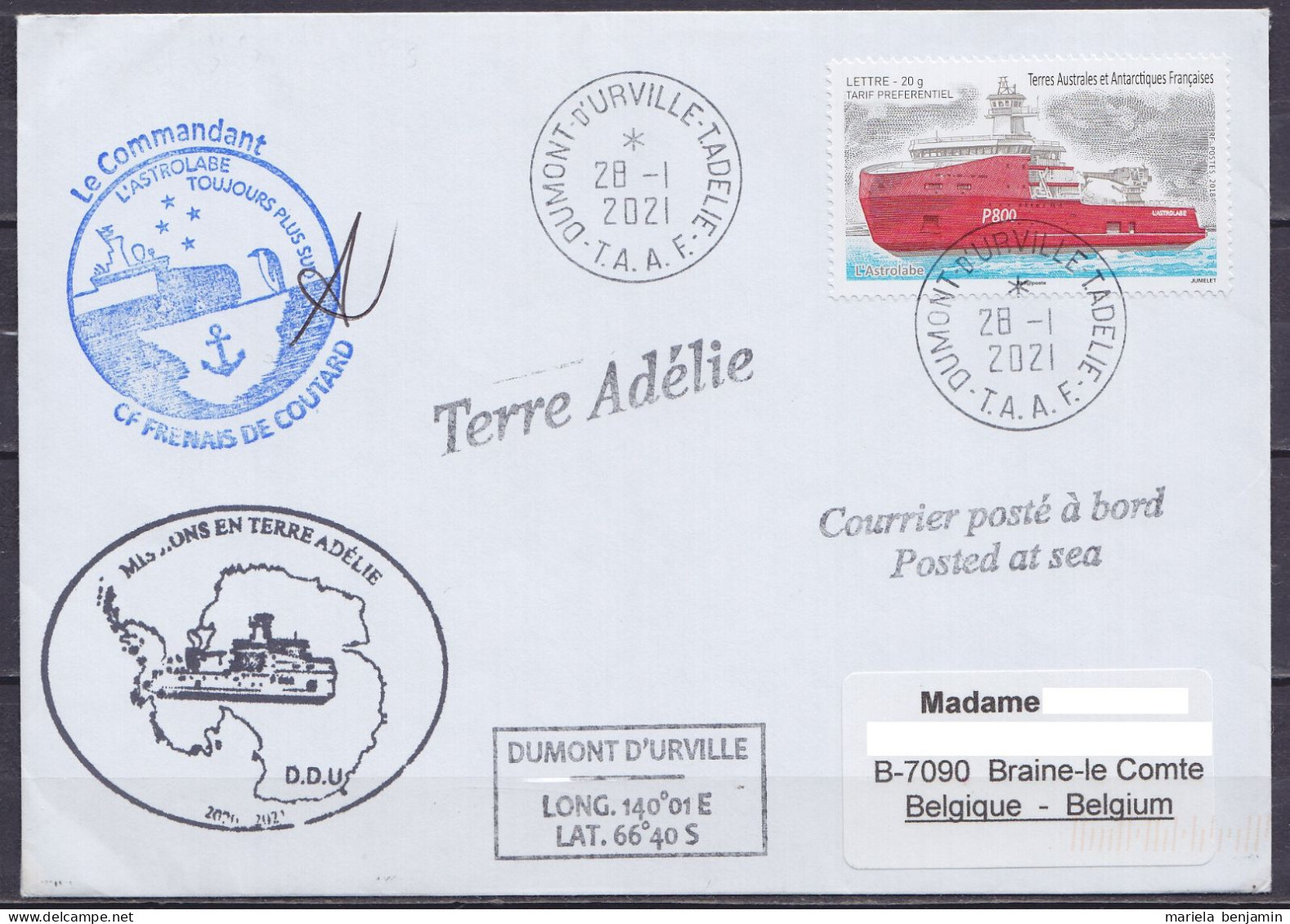 TAAF - Terre Adélie - Cachets Bateau ASTROLABE & Sign. Commandant - Oblit. Dumont D'Urville 28-1-2021 / Tp ASTROLABE //  - Covers & Documents