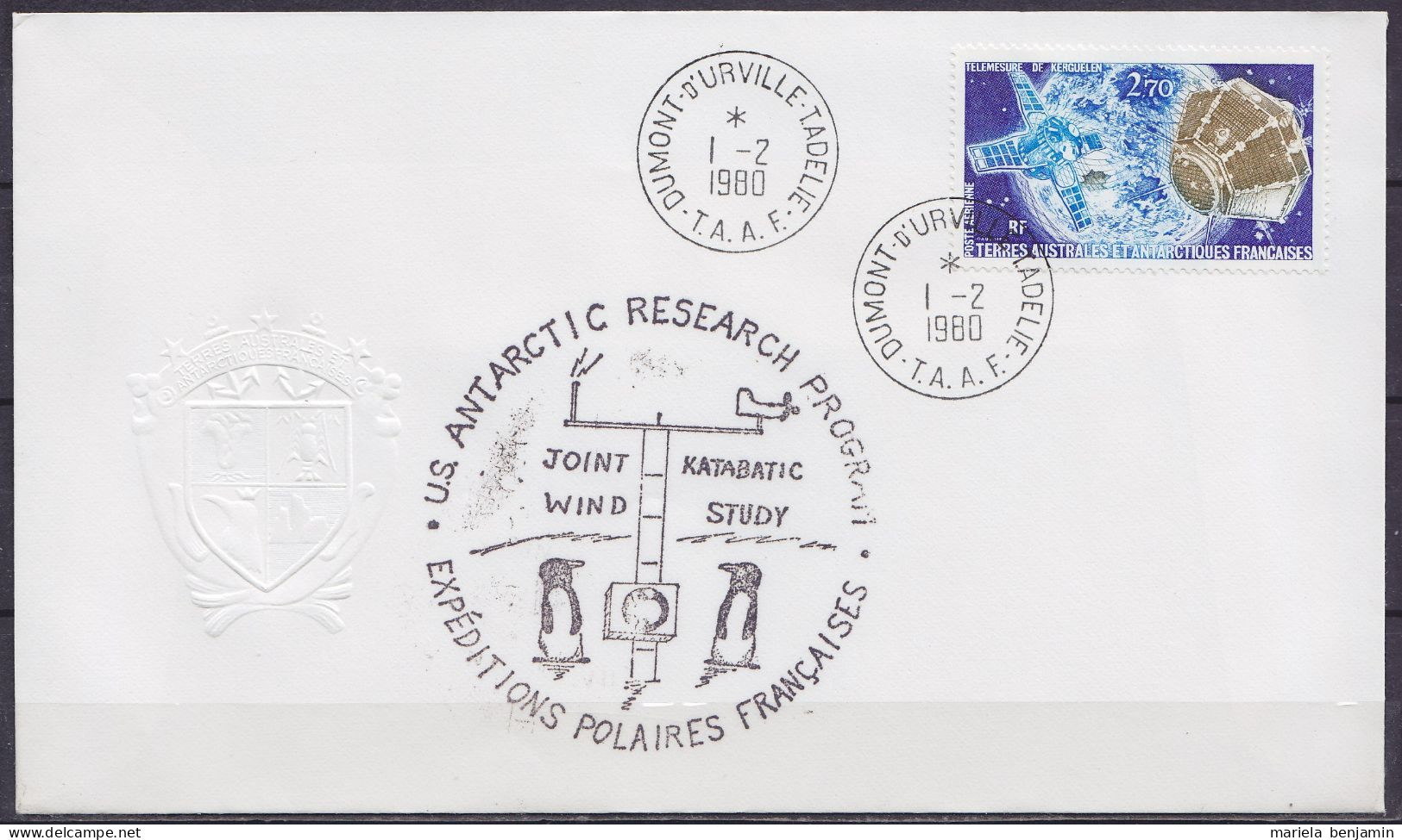 TAAF - Terre Adélie - Cachet US Antarctic Research Program Joint Katabatic Wind Stuy - Oblit. Dumont D'Urville 1-2-1980  - Lettres & Documents